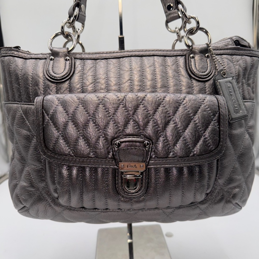 Coach Poppy Quilted Metallic Leather Tote Bag Silver Shoulder Handbag - Picture 2 of 10